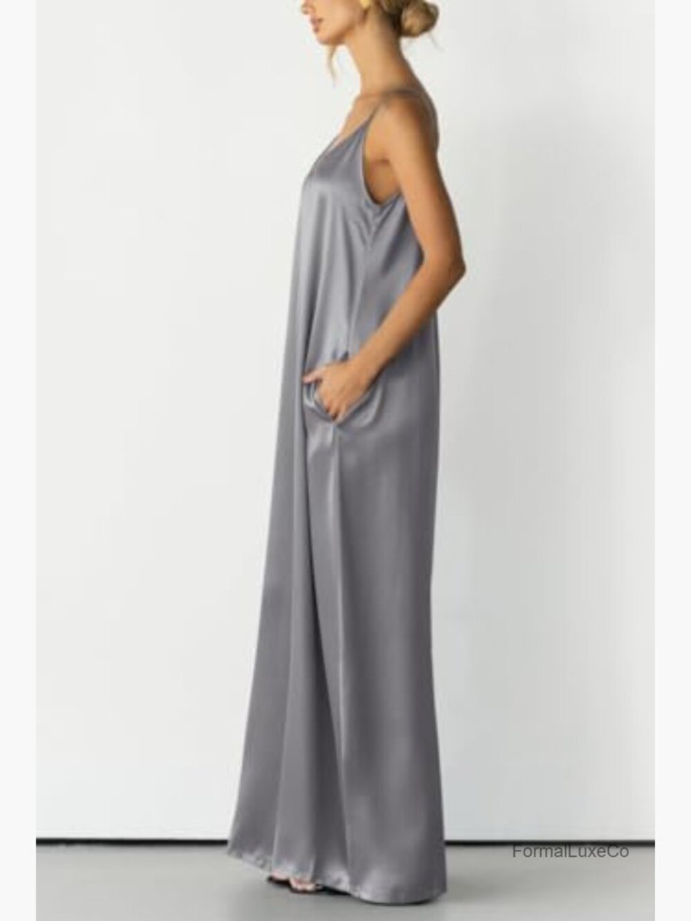 Satin Wide Leg Jumpsuit Spaghetti Strap Date Night Romper Flowy One Piece - Picture 2 of 7